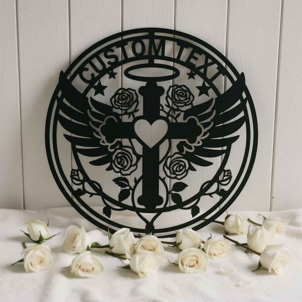 Personalisiertes Kreuz mit Engelsflügeln, Herz und Rosen Metallschild rund – Bild 10