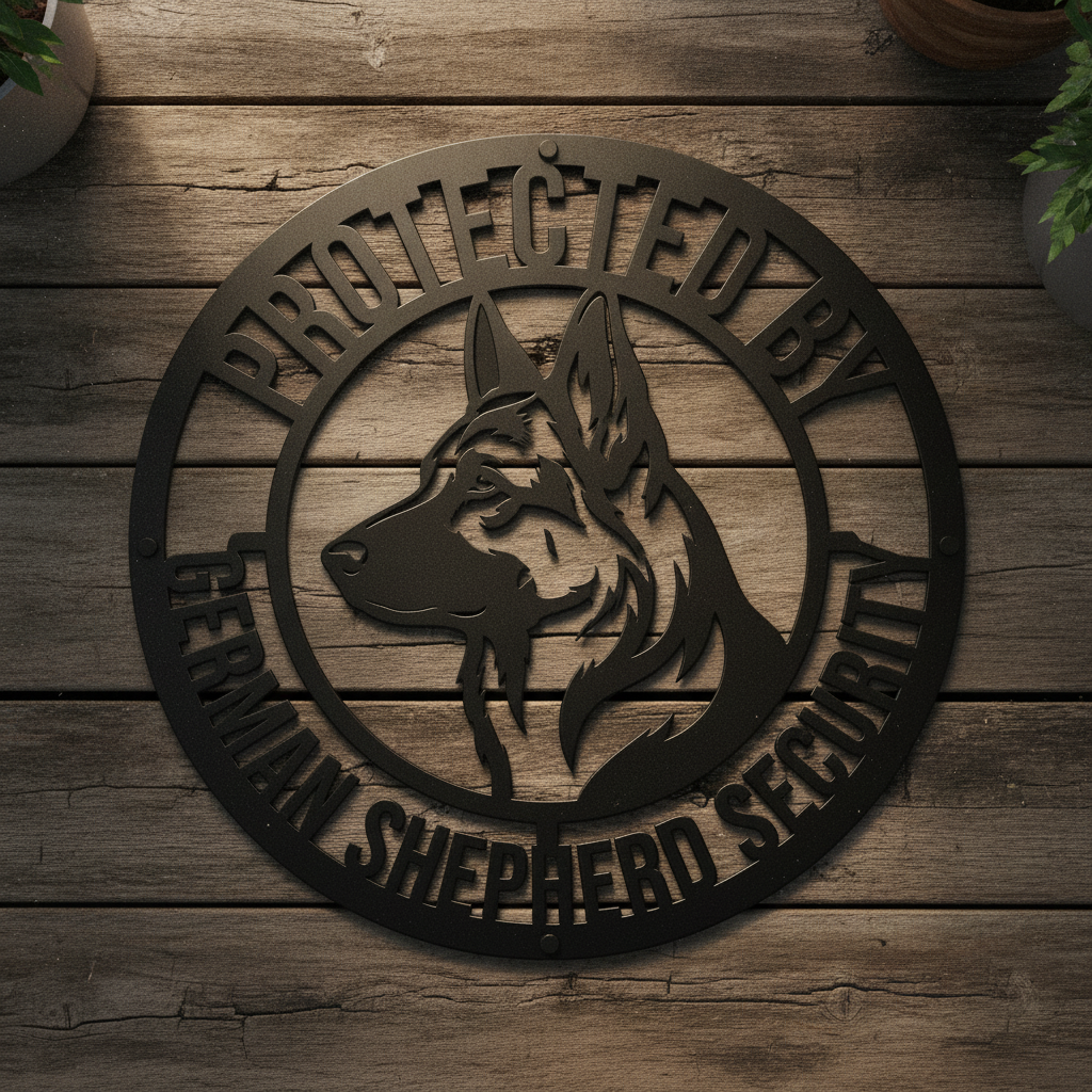 Rundes Schäferhund Warnschild Protected by German Shepherd aus schwarzem Stahl – Bild 3