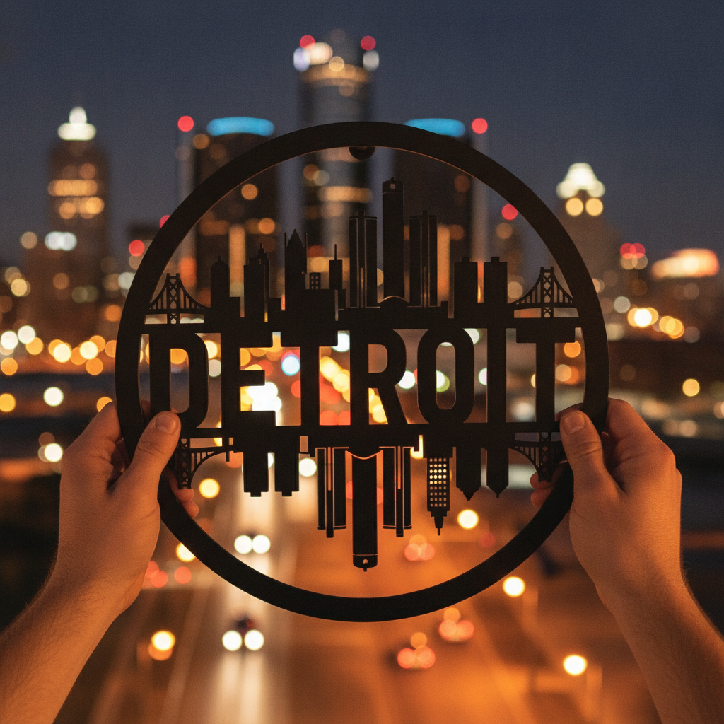 Round Detroit skyline metal wall art in black steel – image 10