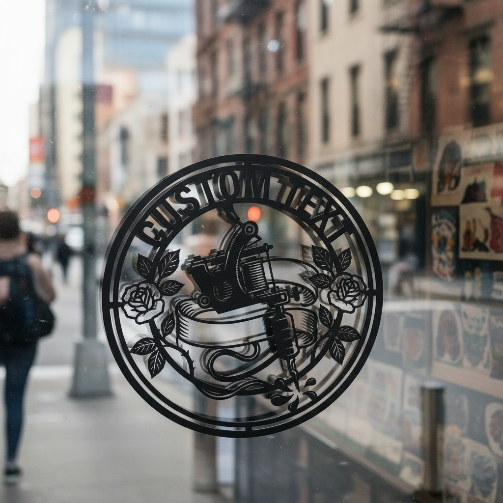 Personalisiertes rundes Tattoostudio Schild mit Tattoomaschine und Rose aus schwarzem Stahl – Bild 4