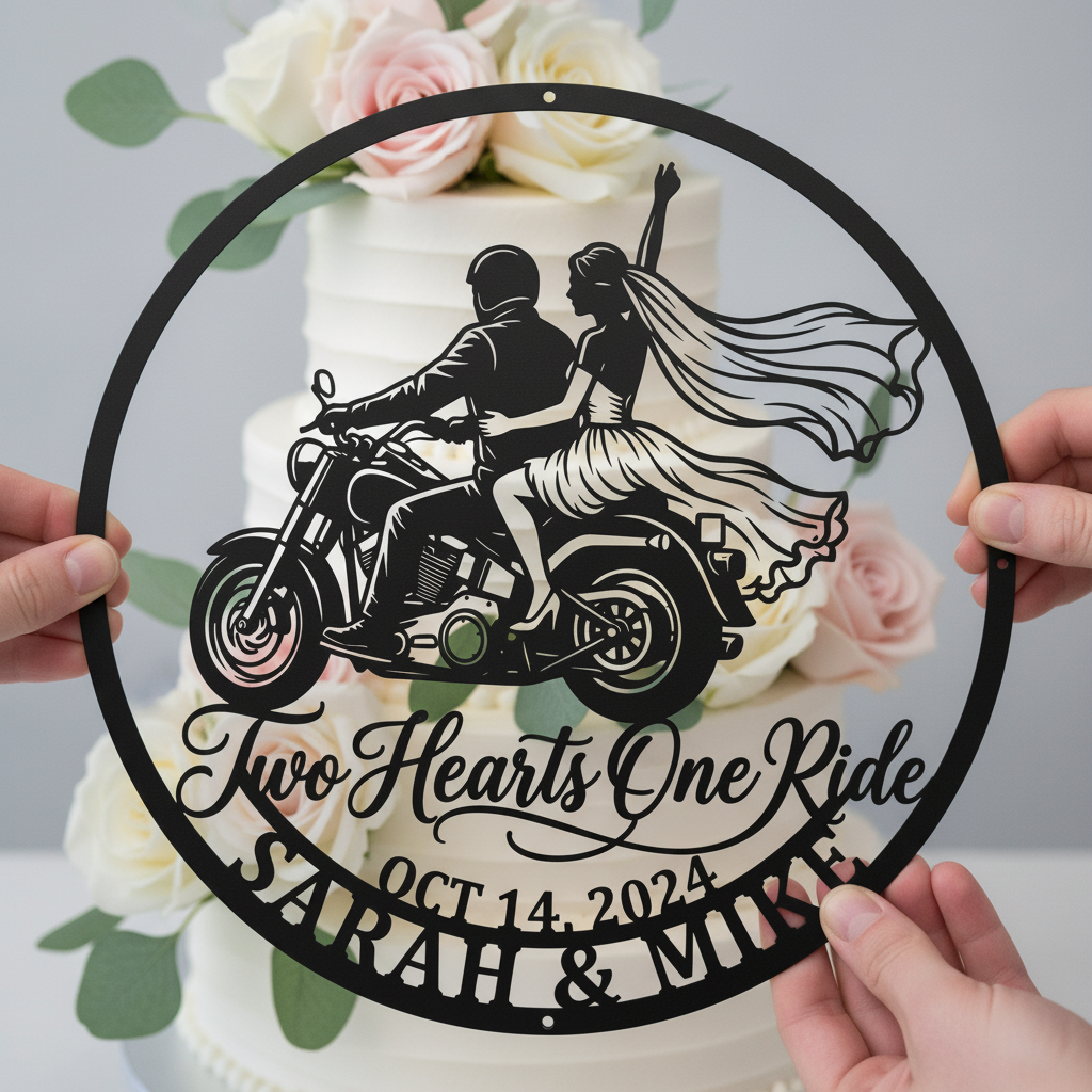 Personalized Just Married motorcycle wedding metal sign with names and date – image 8