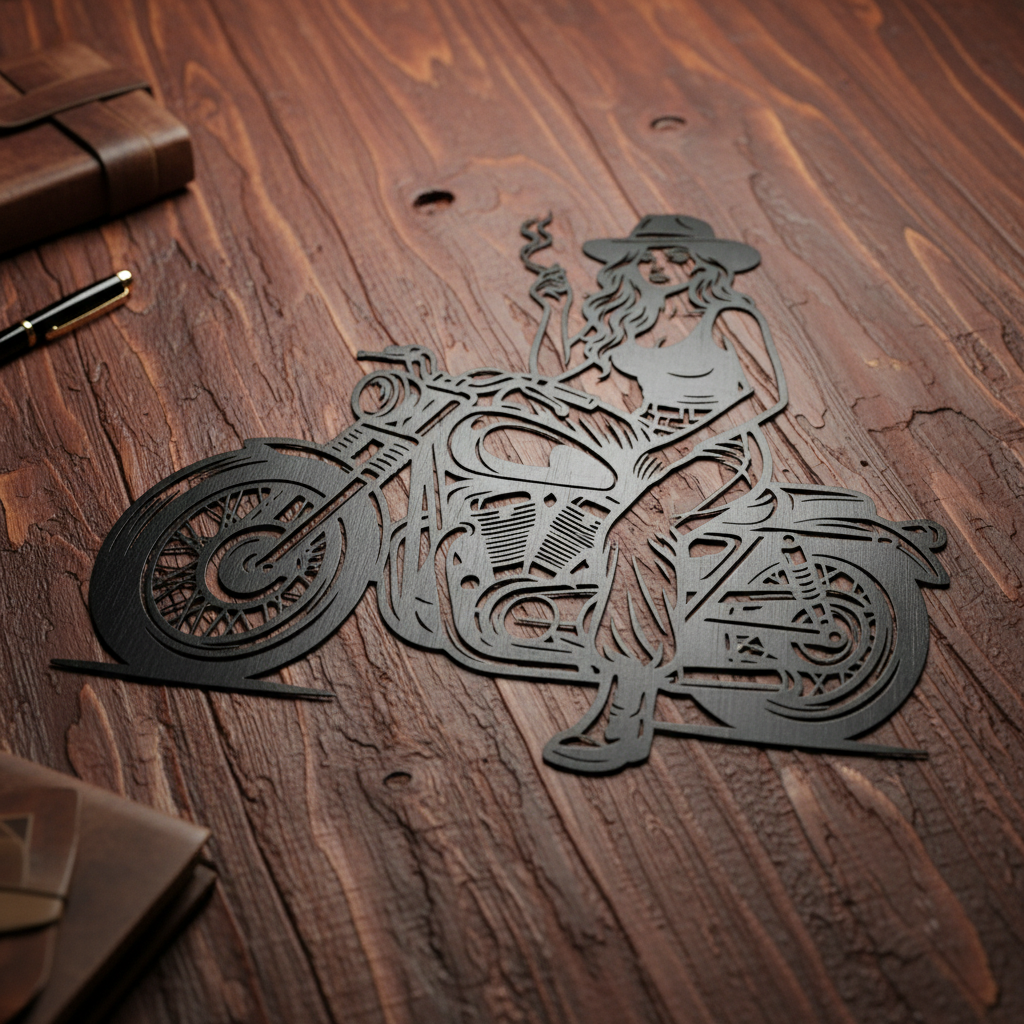 Bikerin auf Motorrad Metallschild