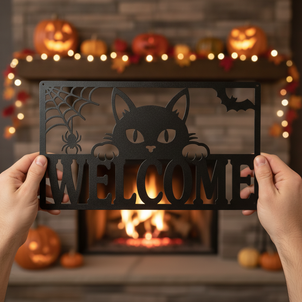 Halloween Willkommensschild mit schwarzer Katze aus schwarzem Stahl – Bild 5