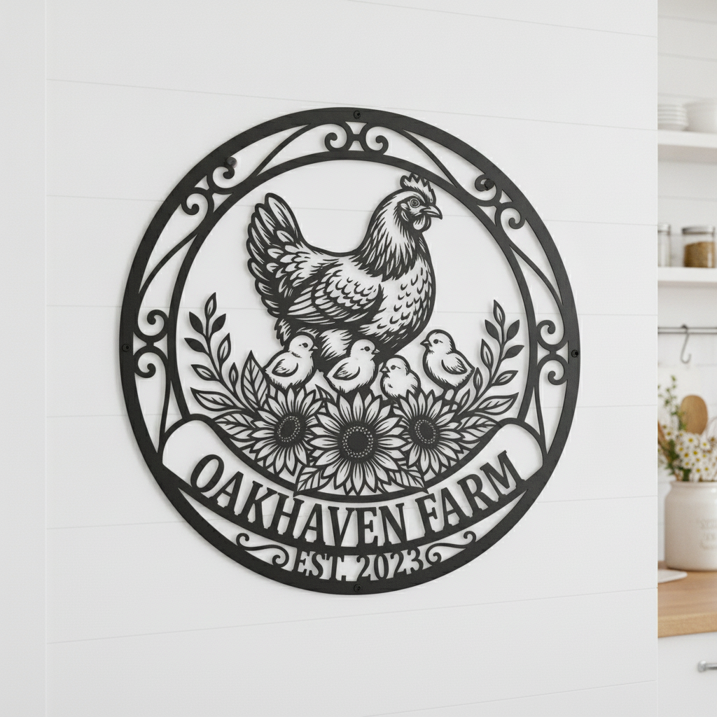 Personalisiertes Hofschild rund mit Henne, Küken und Sonnenblumen – Bild 7