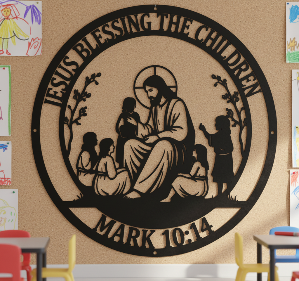 Jesus segnet die Kinder Markus 10,14 Metallschild rund – Bild 2