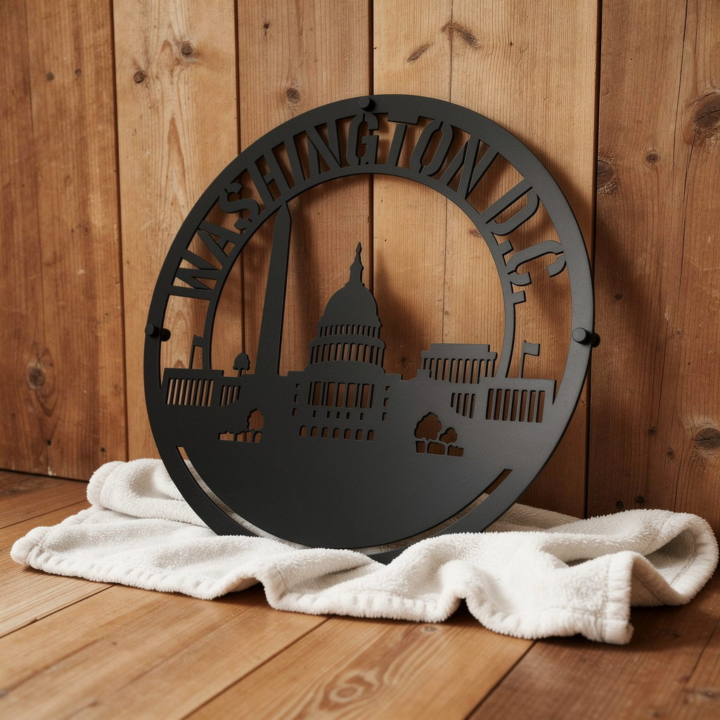 Round Washington D.C. skyline metal sign with Capitol and monuments in black steel – image 9