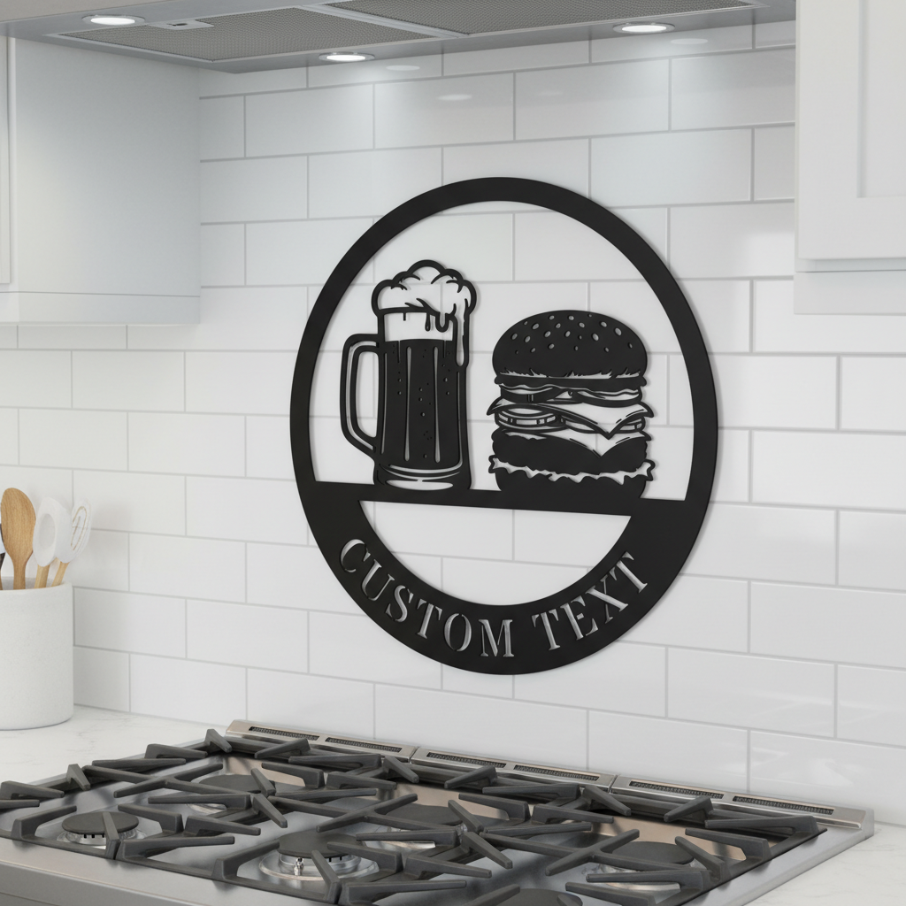 Round Burgers and Brews metal sign with beer mug and cheeseburger in black steel – image 8