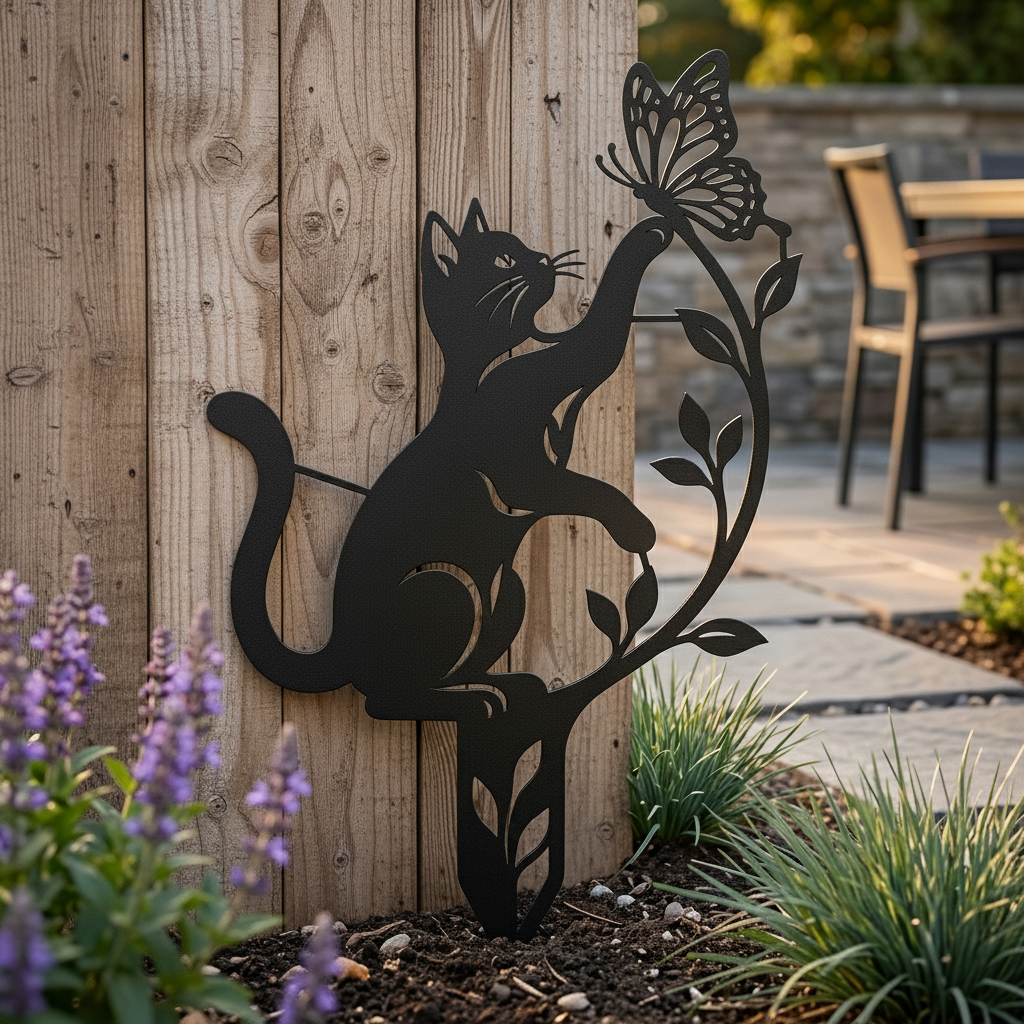 Verspielte Katze mit Schmetterling und Ranken Gartenstecker – Bild 7