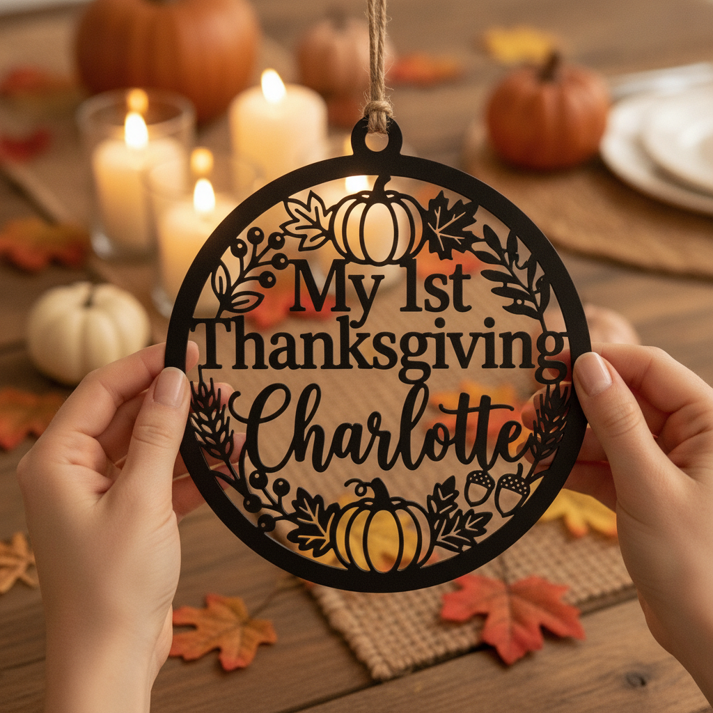 Personalized round My 1st Thanksgiving metal ornament with baby name and fall motifs – image 8