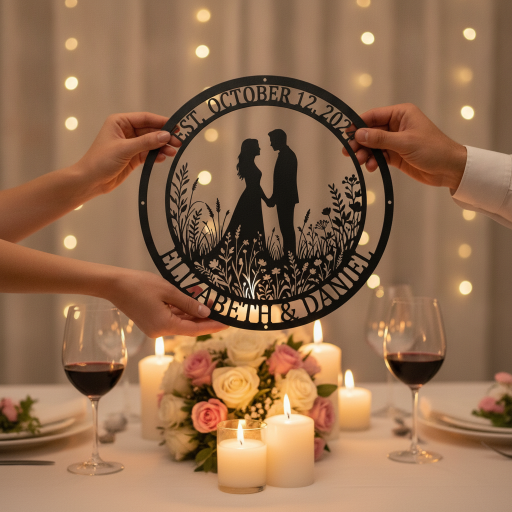 Personalized wedding metal sign with couple names and wedding date in black steel – image 4