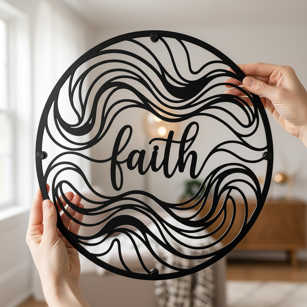 Round Faith metal sign with abstract waves in black steel – image 3