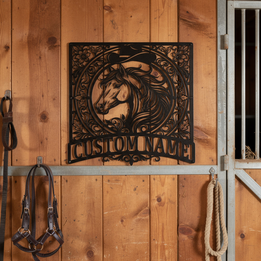 Personalized western horse metal sign with name in black steel – image 4