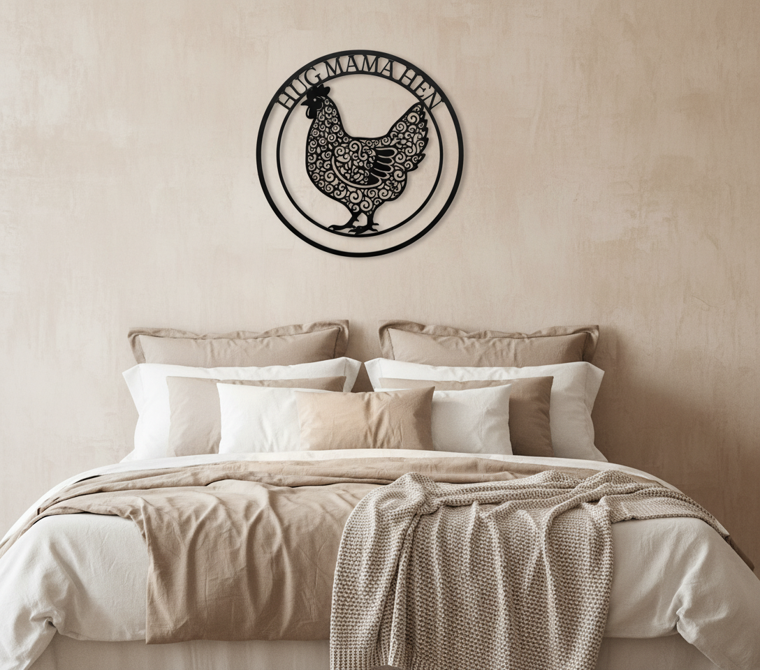 Personalisiertes Hühnerstall Schild mit Huhn und Namen aus schwarzem Stahl