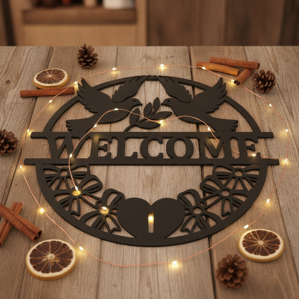 Round welcome sign with two doves and olive branch in black steel – image 7