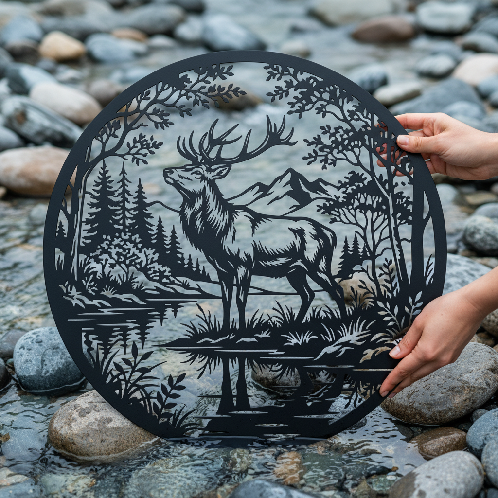Majestätischer Hirsch mit großem Geweih vor Wald und Fluss, rundes Metallschild aus Stahl – Bild 4