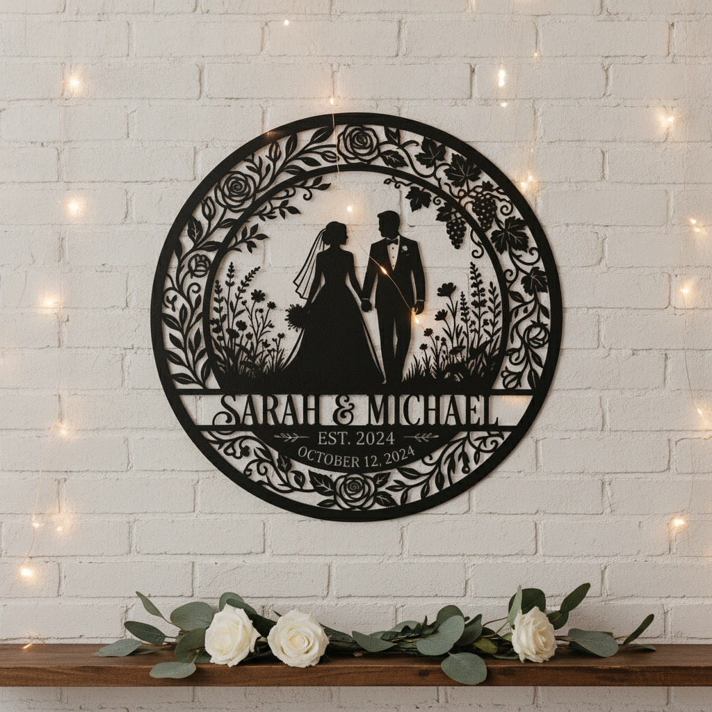 Personalized bride and groom silhouette metal sign with names and wedding date – image 4