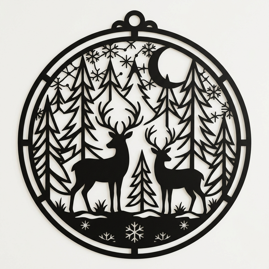 Personalisiertes Weihnachtsschild mit Hirsch im Winterwald in Weihnachtskugel aus Stahl