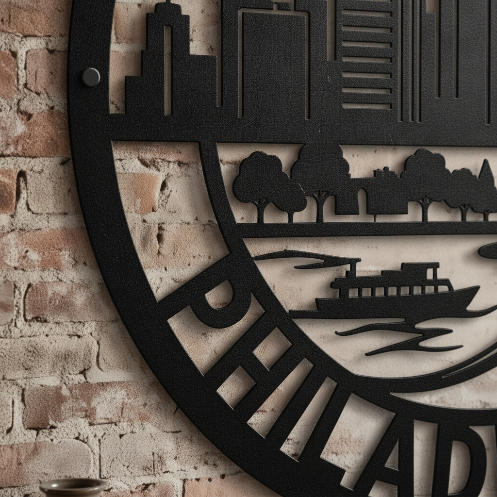 Round Philadelphia skyline metal sign with bridge in black steel – image 4