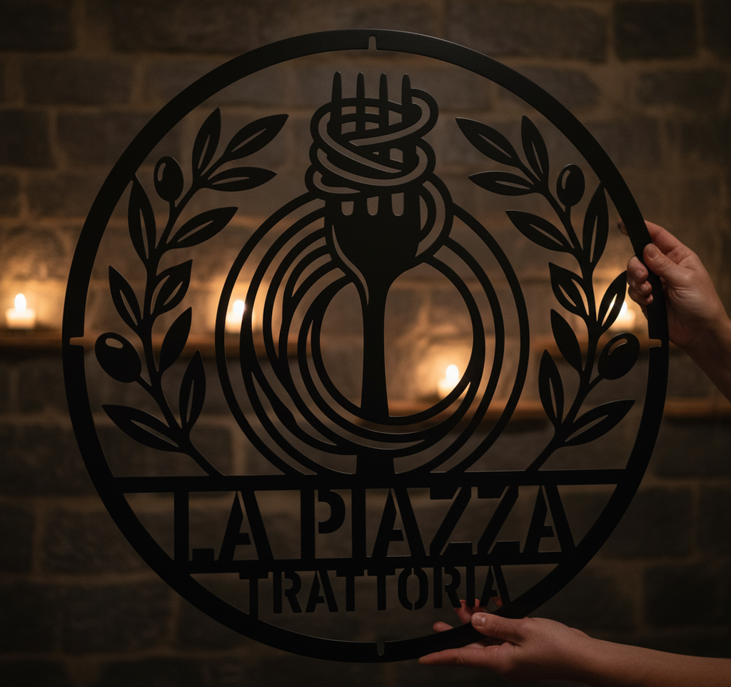 Personalized round Italian kitchen metal sign with pasta fork and olive branches – image 9