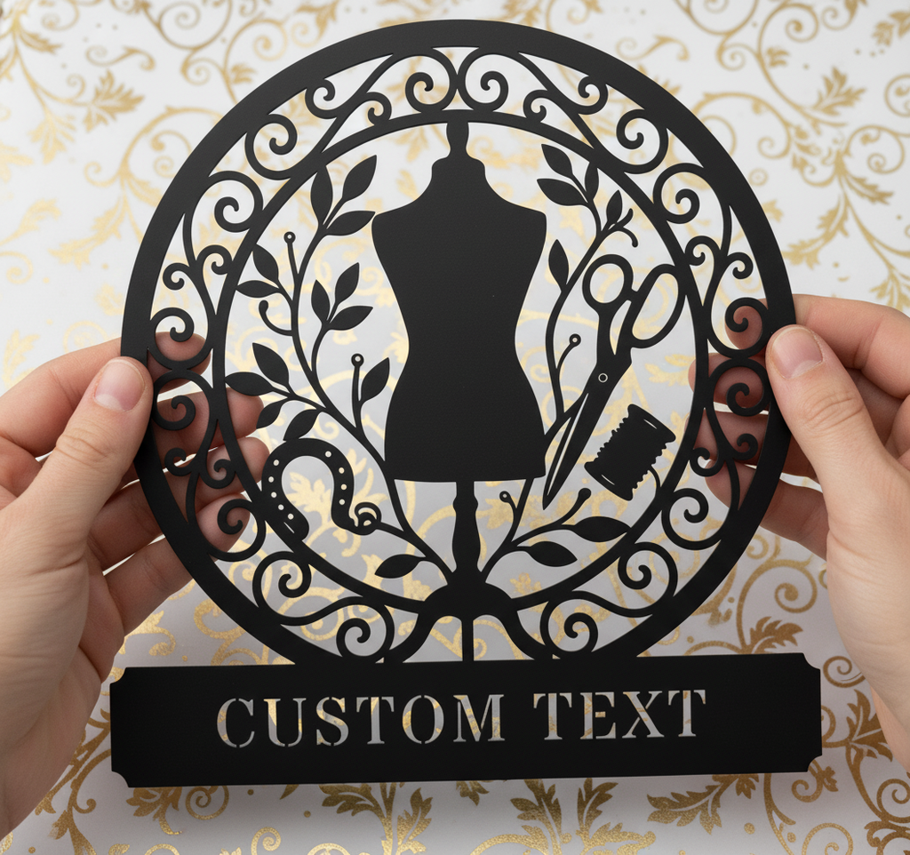 Personalized round sewing room metal sign with dress form, scissors, thread and name – image 5