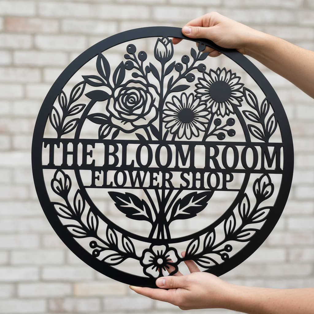 Personalized round flower shop metal sign with flowers and vines in black steel – image 9