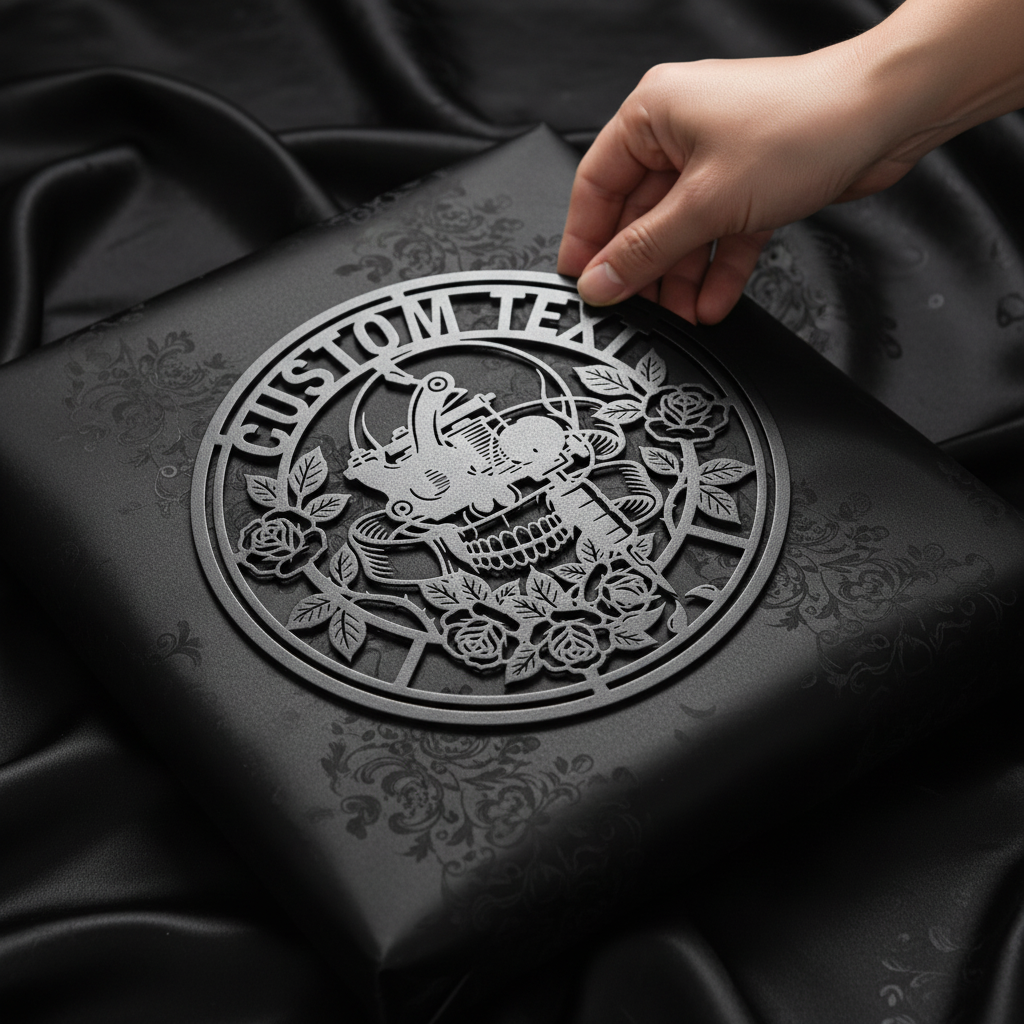 Personalisiertes rundes Tattoostudio Schild mit Totenkopf, Rose und Tattoomaschine – Bild 10