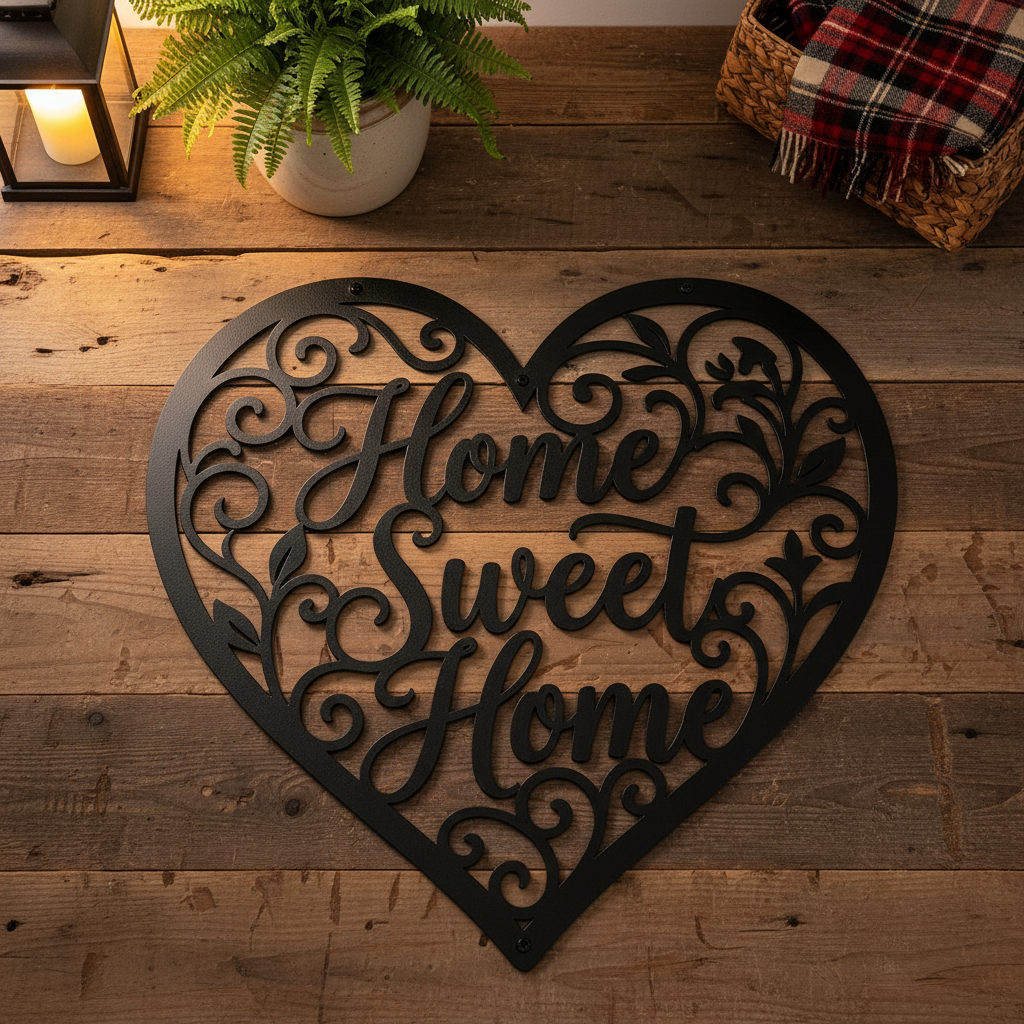 Home Sweet Home Metallschild in Herzform mit filigranen Schnörkeln aus schwarzem Stahl – Bild 2