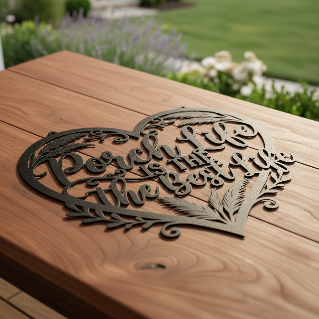 Metallschild in Herzform mit Veranda Spruch aus schwarzem Stahl – Bild 6