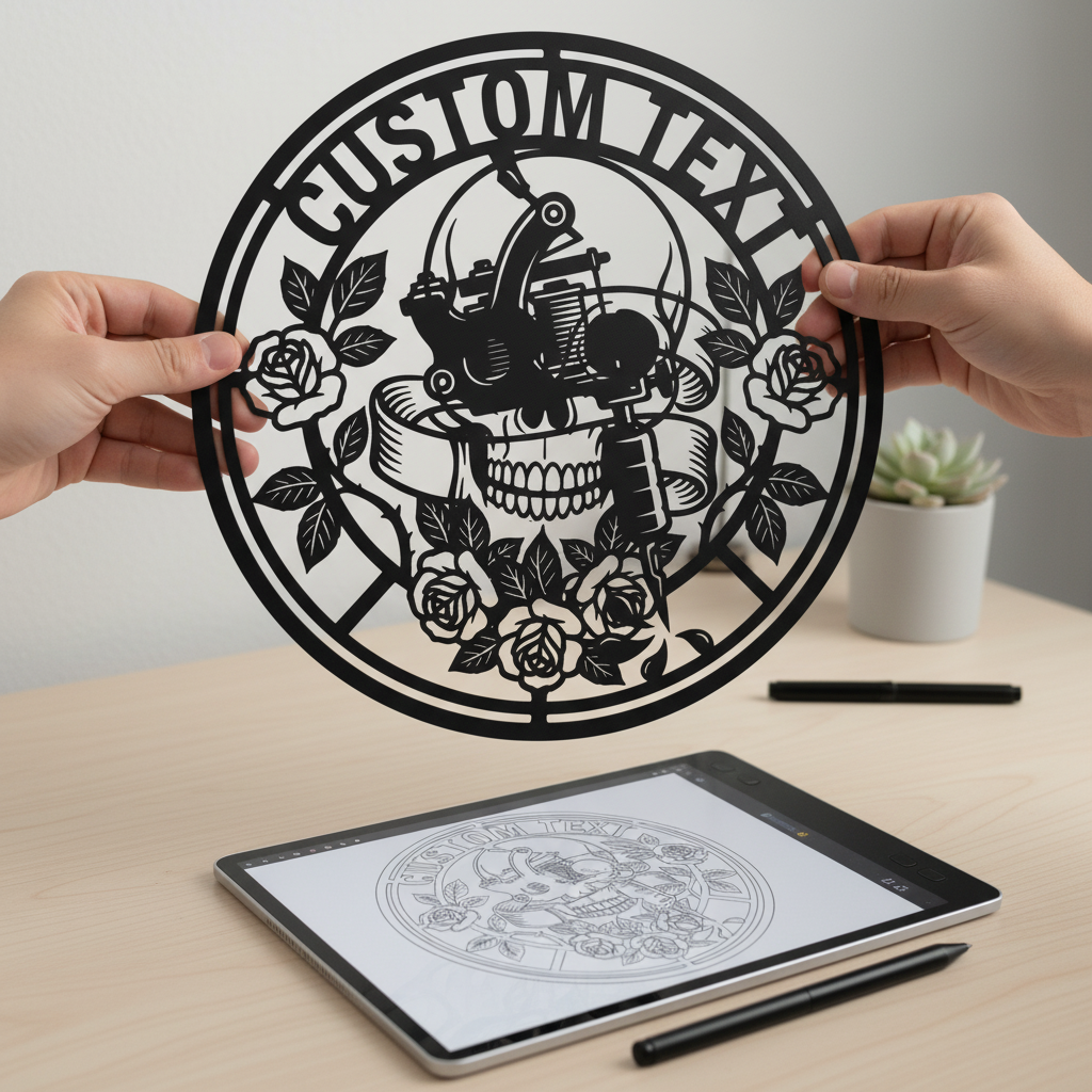 Personalisiertes Tattoostudio Metallschild rund mit Tattoomaschine, Totenkopf und Rosen – Bild 5