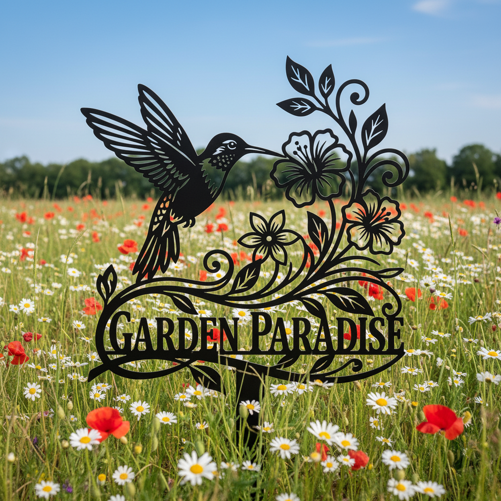 Hummingbird garden stake with flowers in black steel for beds and planters – image 8