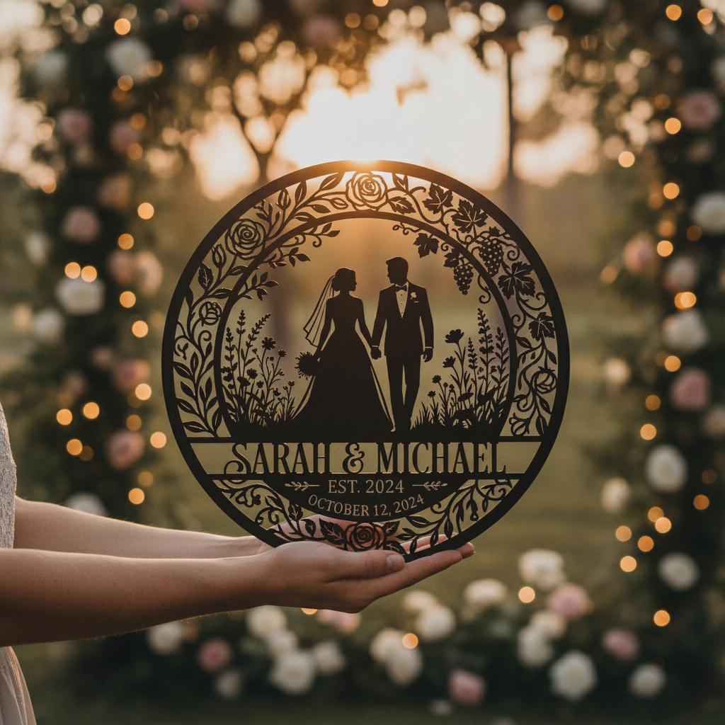 Personalized bride and groom silhouette metal sign with names and wedding date – image 5