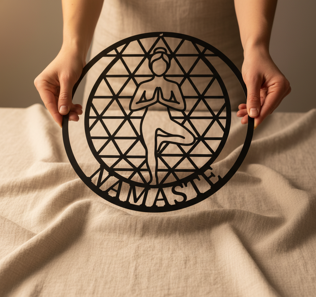 Runde Yoga Wanddeko aus Metall mit Namaste, Baumpose und heiliger Geometrie – Bild 8