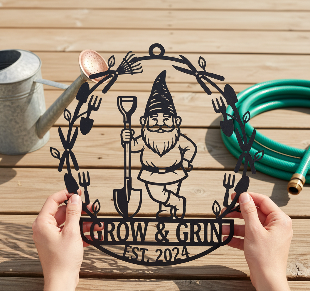 Personalisiertes Gartenschild mit Gartenzwerg und Schaufel im Blätterkranz aus schwarzem Stahl – Bild 6