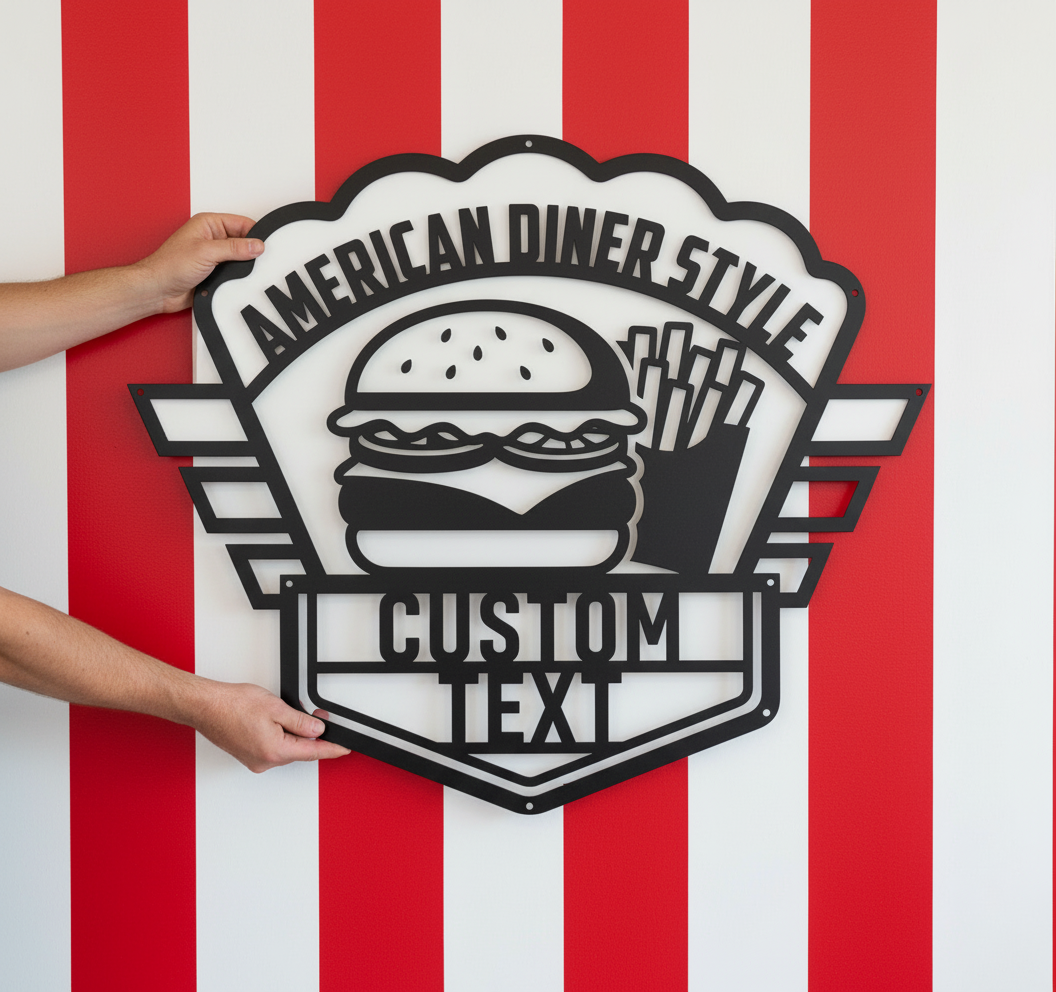 Personalized American diner metal sign with burger and fries in black steel – image 8