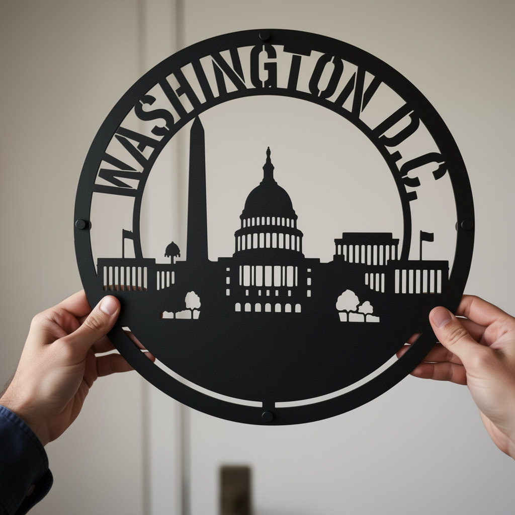 Round Washington D.C. skyline metal sign with Capitol and monuments in black steel – image 5