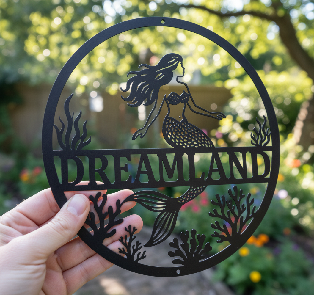 Personalized mermaid kids name sign in black steel for a girls room – image 5