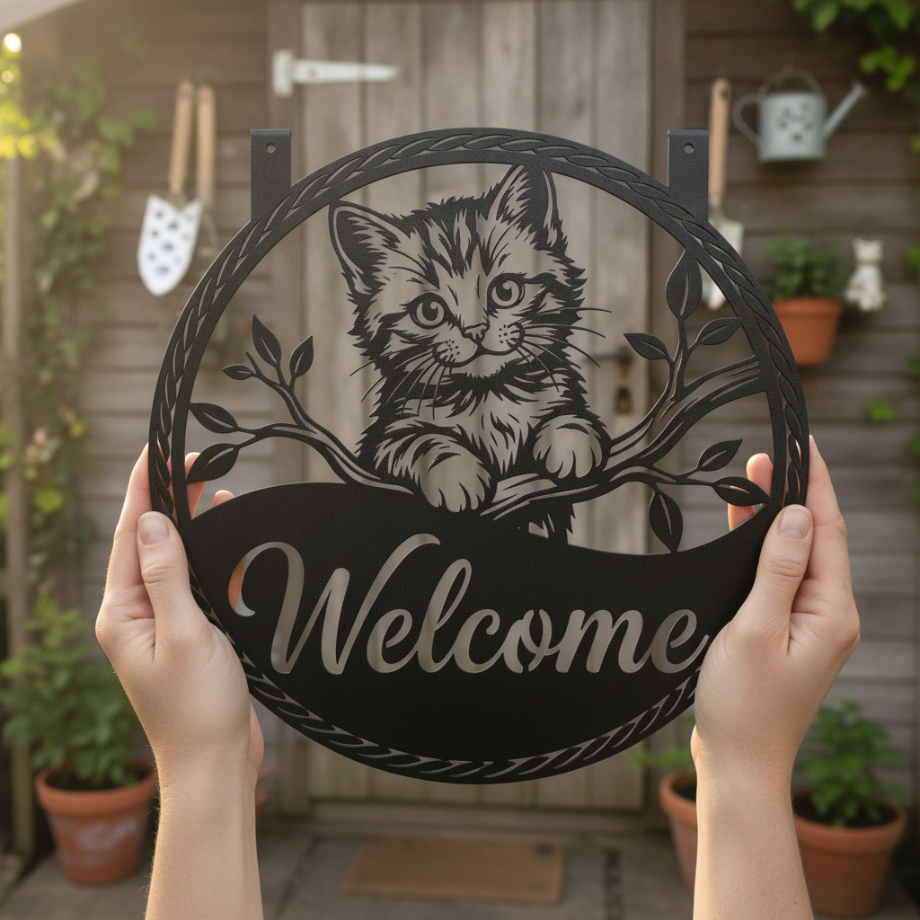 Kätzchen auf Ast Willkommensschild rund – Bild 10