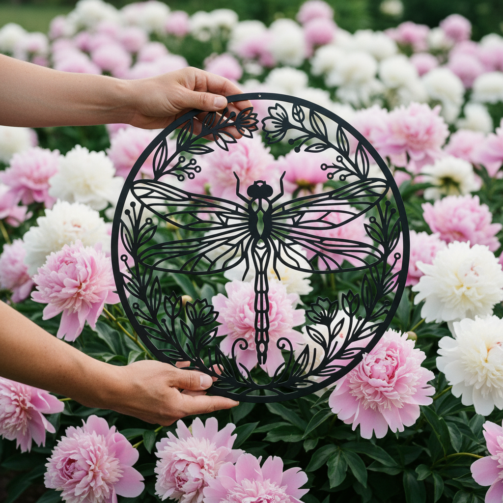 Rundes Libelle Metallschild im Blumenkranz aus schwarzem Stahl – Bild 7