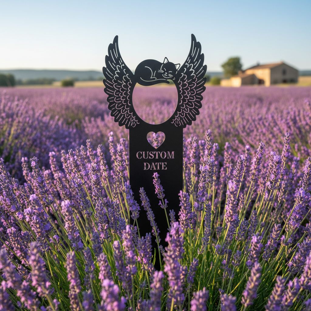 Personalized cat memorial garden stake with sleeping cat and angel wings in black steel – image 5