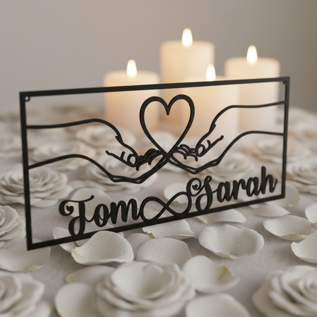 Personalized holding hands couple metal sign with heart and infinity symbol