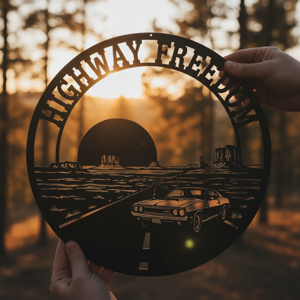 Rundes Route 66 Metallschild „Highway Freedom“ mit Muscle Car aus schwarzem Stahl – Bild 8