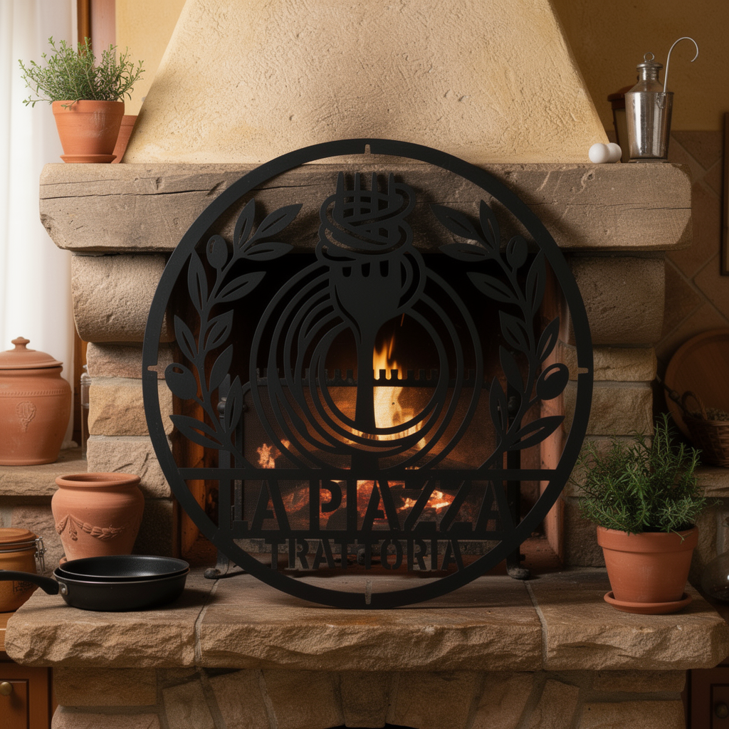 Personalisiertes italienisches Restaurant Pasta Gabel Olivenzweige Metallschild rund – Bild 3