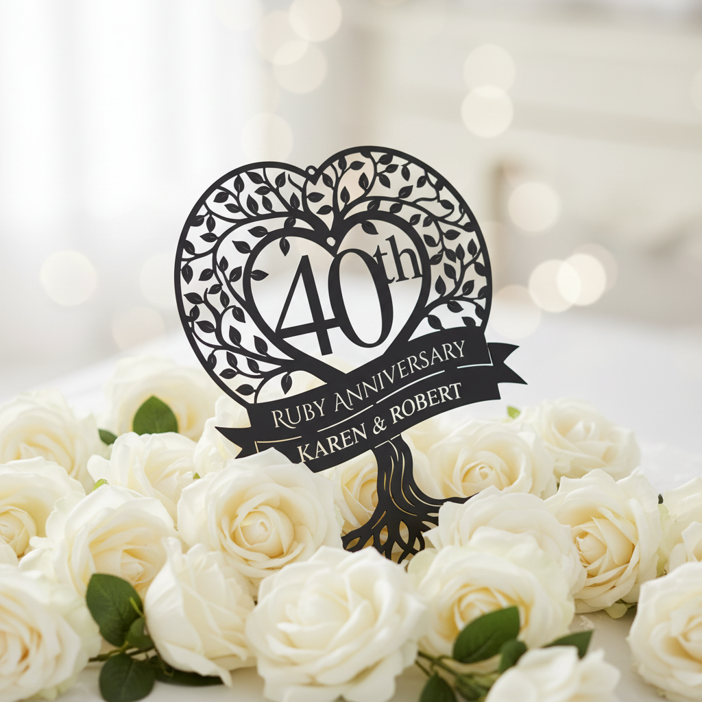 Personalisiertes Metallschild zur Rubinhochzeit mit Lebensbaum und Namen aus schwarzem Stahl – Bild 6