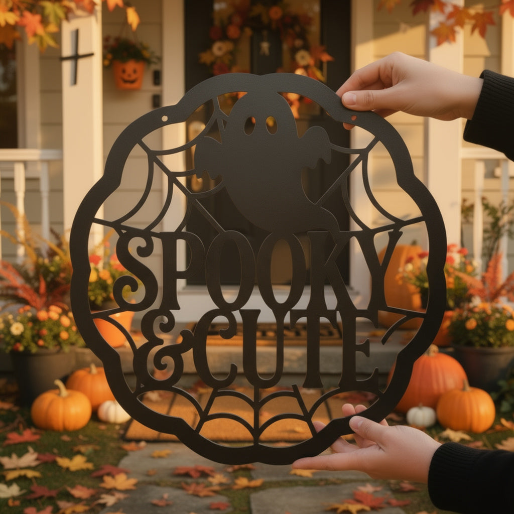 Round Halloween metal sign with cute ghost and spider web in black steel – image 4