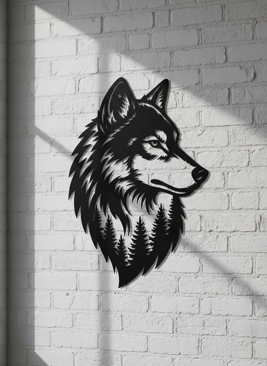 Wolf head metal wall art with forest and trees in black steel – image 7