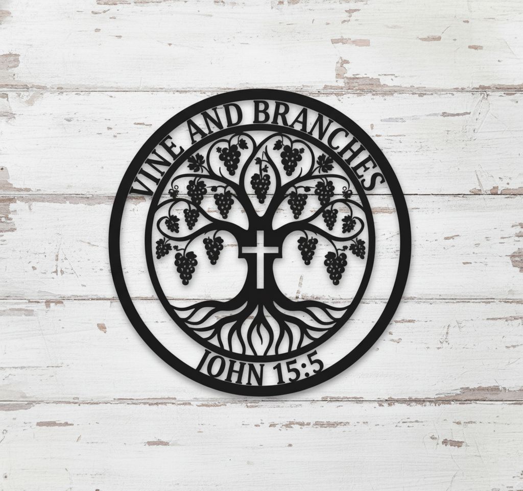 Round I am the vine John 15:5 metal sign with cross and tree in black steel – image 8