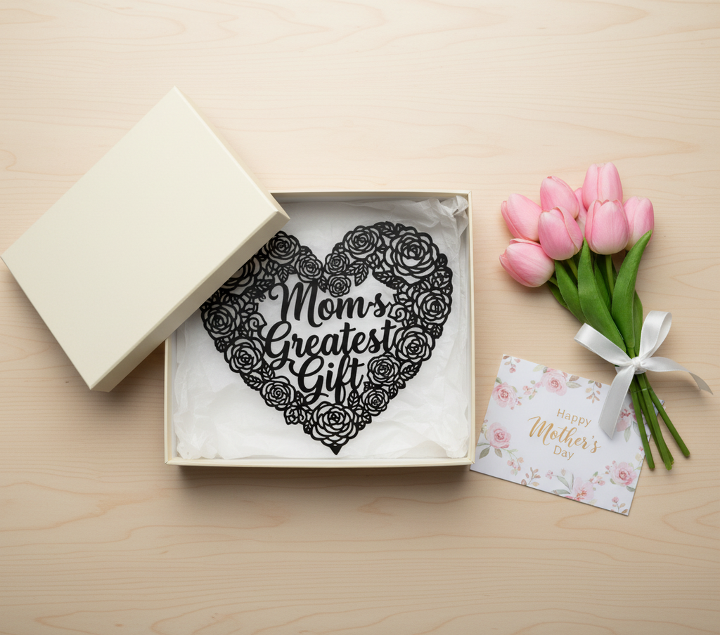 Mom’s Greatest Gift metal sign with rose inside a heart in black steel – image 10