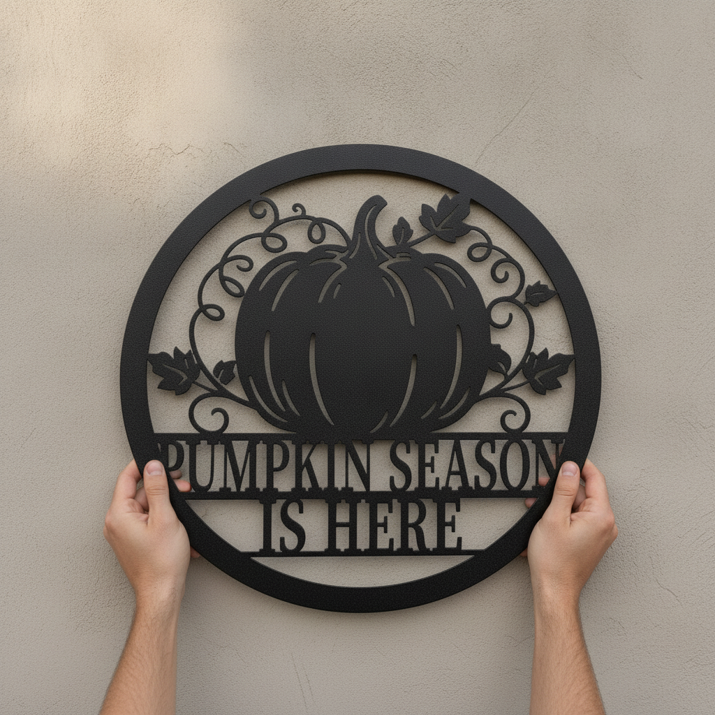 Round Pumpkin Season Is Here metal sign with pumpkins and vines – image 3