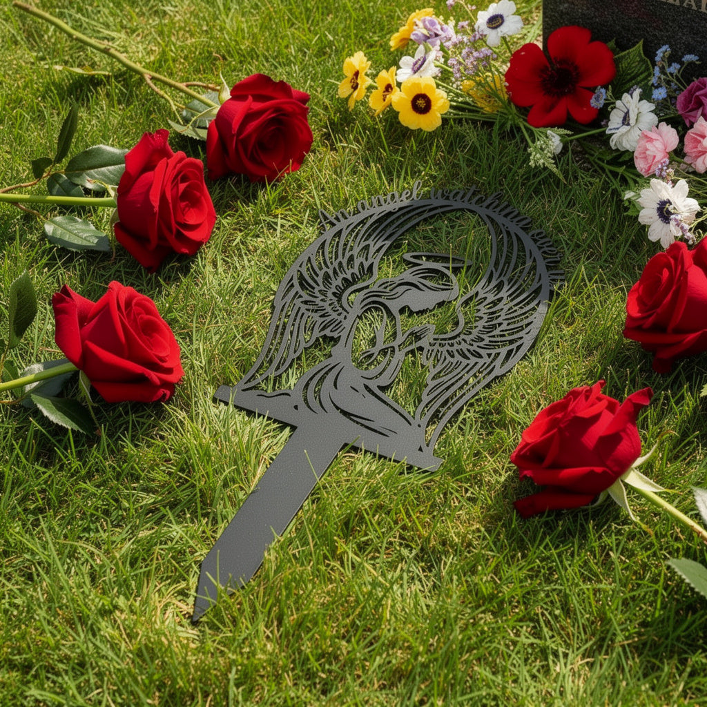 Guardian angel memorial stake with spread wings, An Angel Watching Over Us, black steel – image 8
