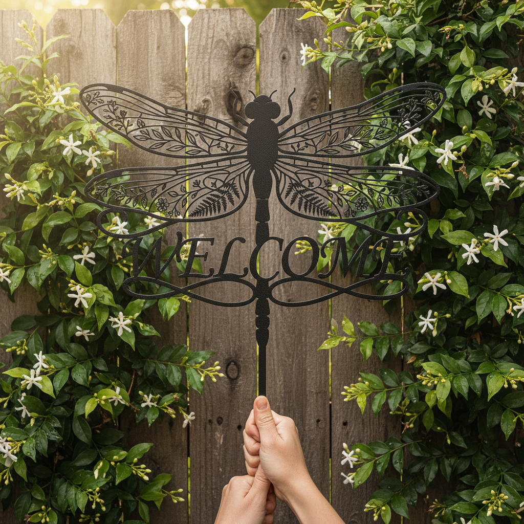 Gartenstecker Libelle mit Blumenflügeln und Welcome aus schwarzem Stahl – Bild 6